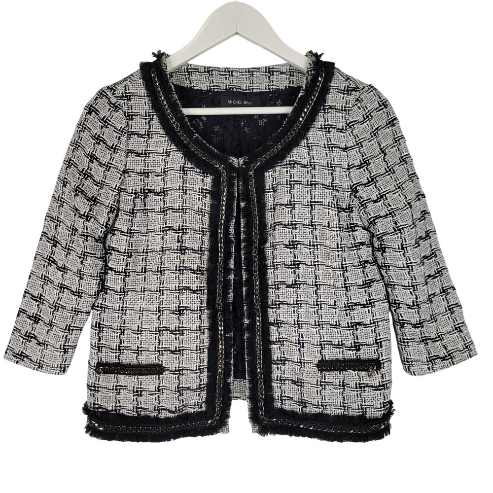 Michel Rene Tweed Crop Blazer Chain‎ Fringe Jacket Womens 42EU XS/Small